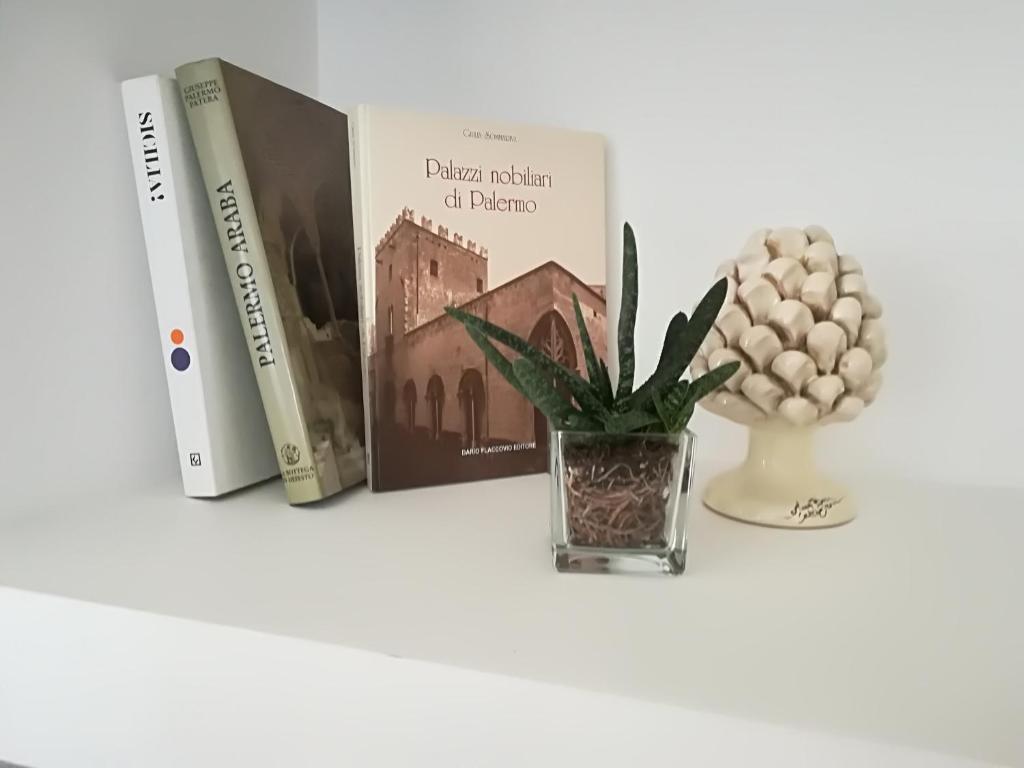 a table with three books and a vase with a plant at Zabbàra B&B in Terrasini