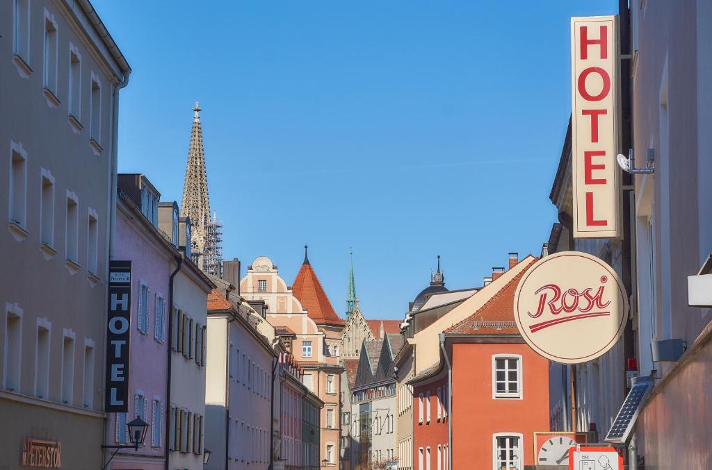 a view of a city street with buildings at Hotel Rosi in Regensburg