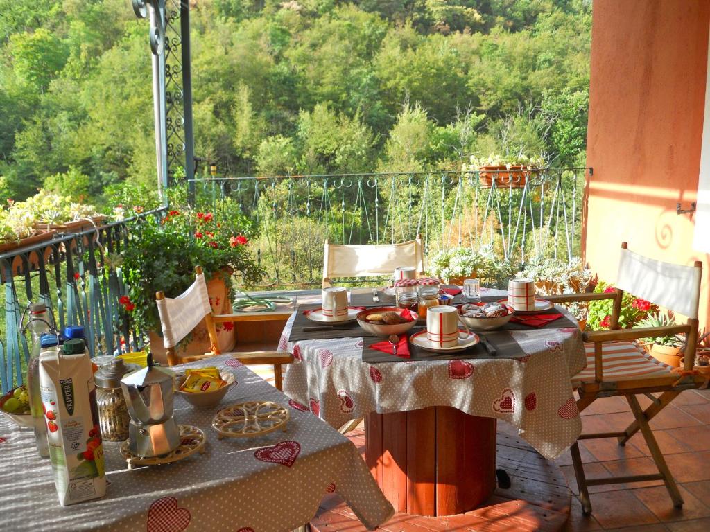 einen Tisch mit Tellern aus Essen auf einem Balkon in der Unterkunft B&B Rossociliegia in Castelbianco