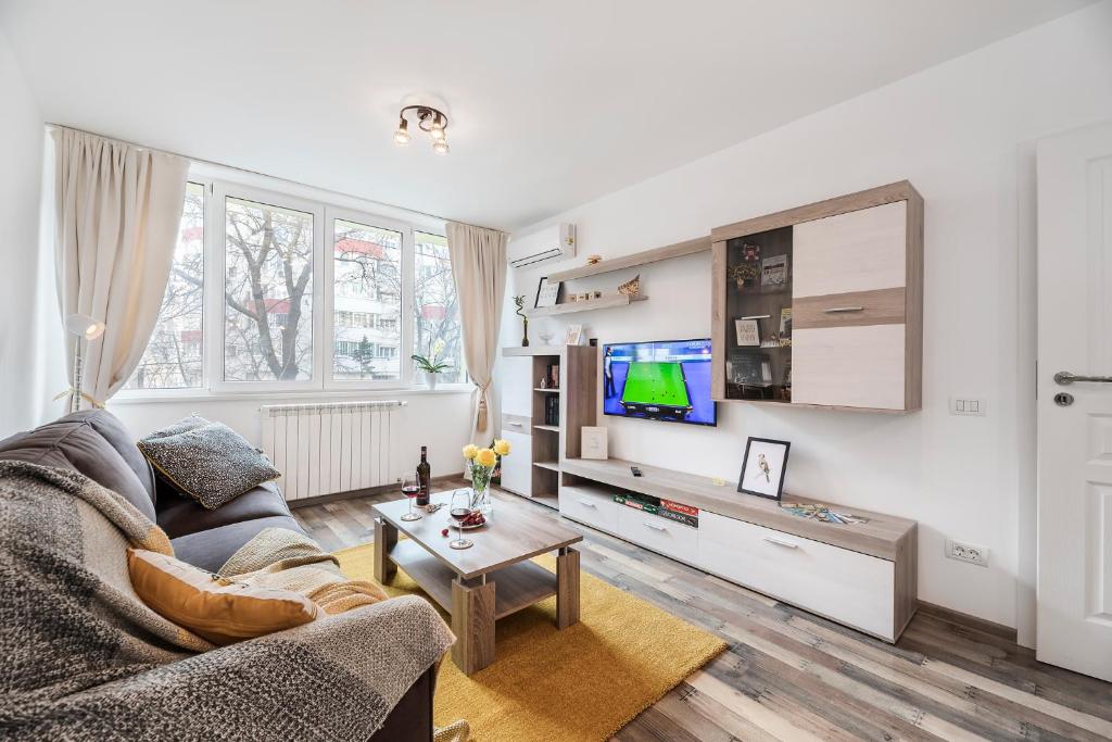 a living room with a couch and a tv at Ada Bucharest Apartment in Bucharest