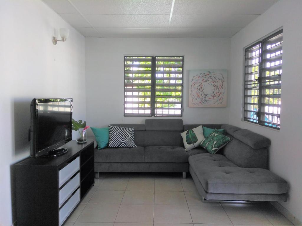 a living room with a couch and a tv at Urban Terrace Apartment in San Juan in San Juan