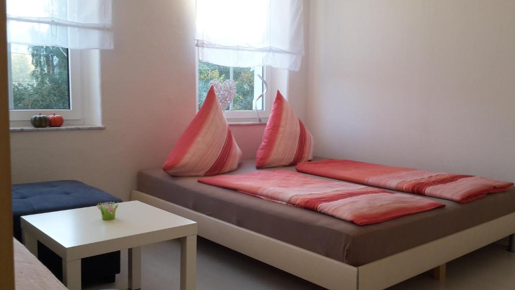 a couch with pillows on it in a room at Ferienwohnung "An der Würschnitz" in Chemnitz