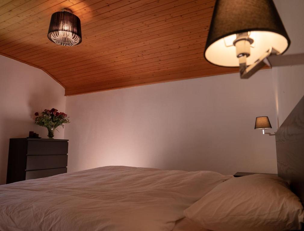 - une chambre avec un lit, un plafond en bois et deux lumières dans l'établissement Ferienhaus Septimer, à Bivio
