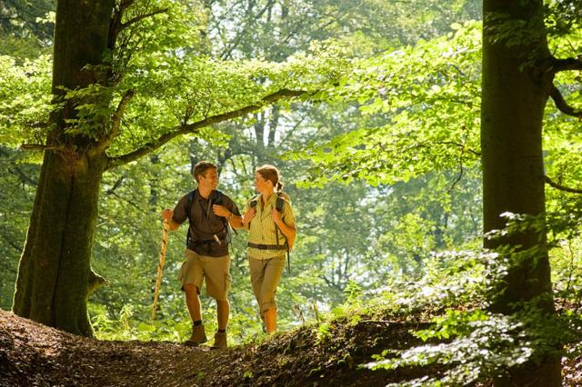 a man and woman walking down a trail in the woods at Nengshof Ferienwohnung Wildrose in Wißmannsdorf
