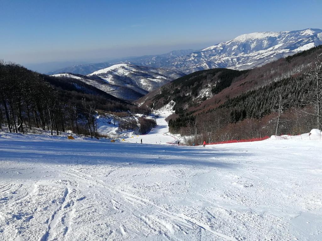 a snow covered slope with people skiing on a mountain at Lodge Zeleni svet in Crni Vrh