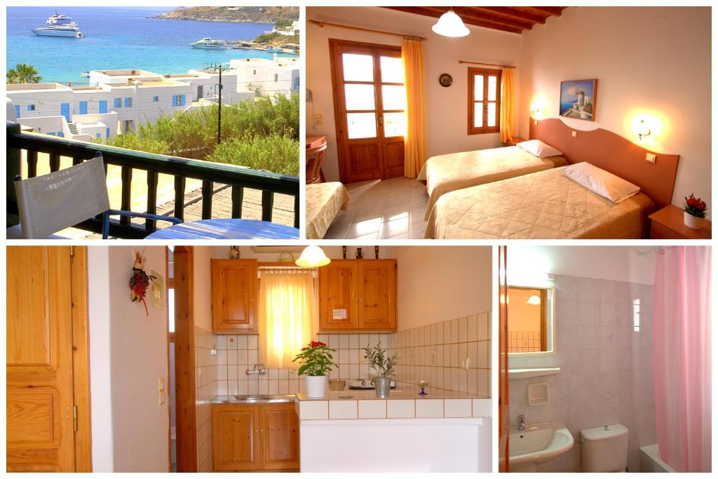 a collage of four pictures of a hotel room at Studios Flora Manos in Platis Gialos
