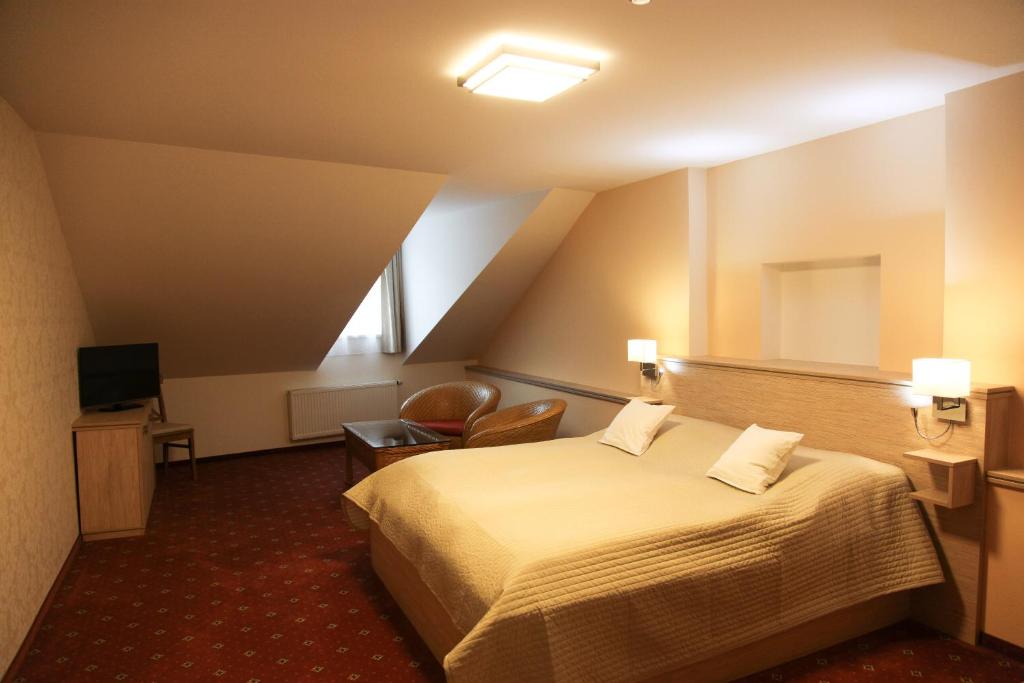 a hotel room with a bed and a television at Pension Dvořák in Karlovy Vary