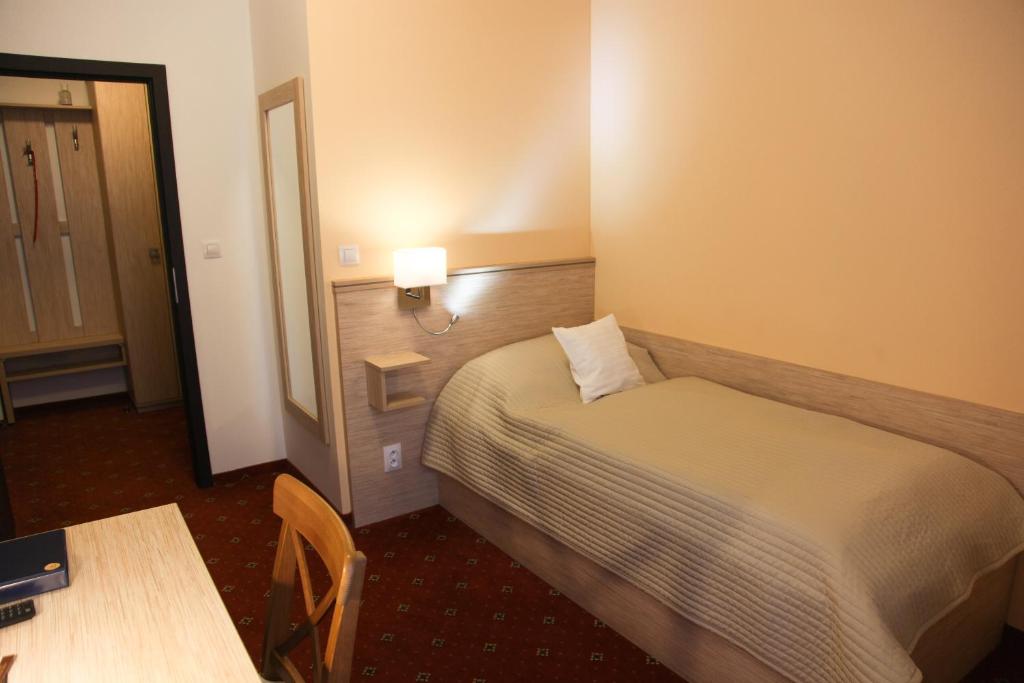 a hotel room with a bed and a table at Pension Dvořák in Karlovy Vary