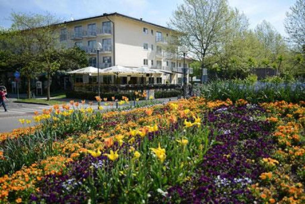 a garden of flowers in front of a building at Hotel Dein Franz in Bad Füssing