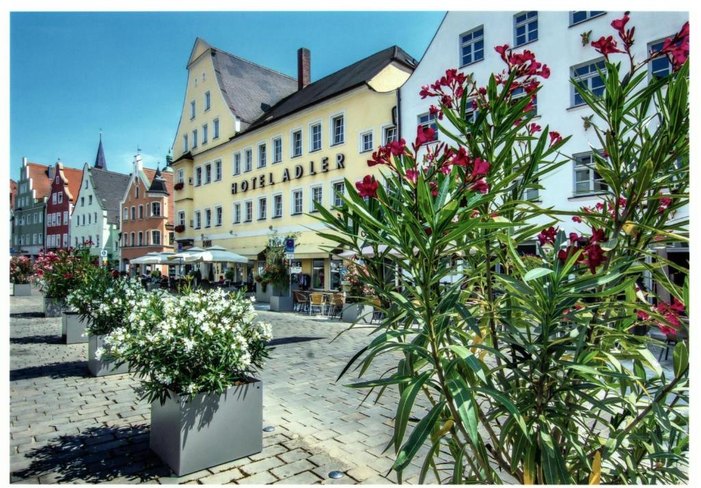 a street with flowers and buildings in a city at Hotel Adler in Ingolstadt