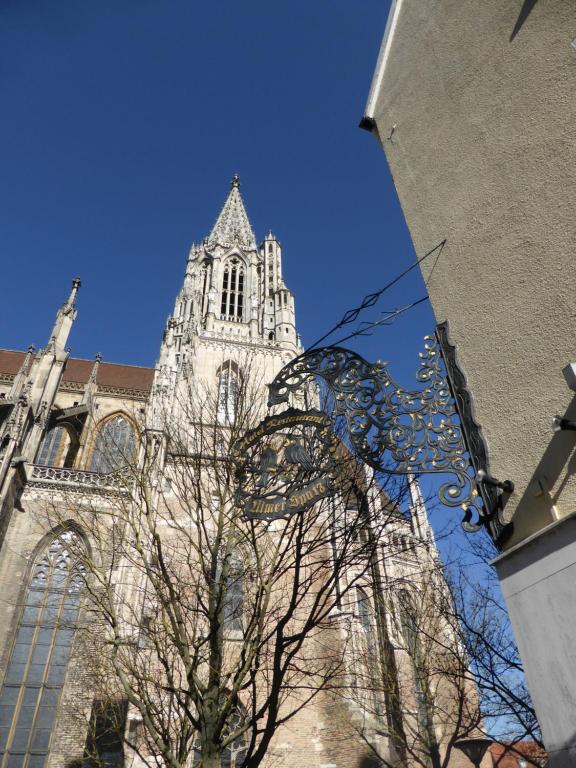 una iglesia con una torre y un árbol delante de ella en Hotel Ulmer Spatz, en Ulm