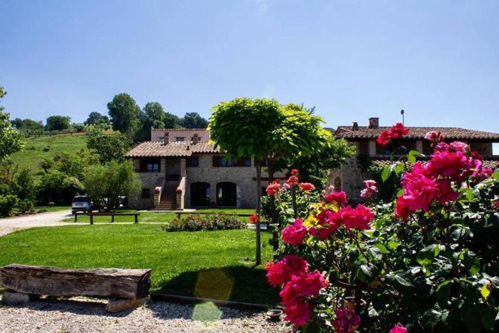 uma casa com flores cor-de-rosa em frente a um quintal em Poggio del Bolognino em Lugnano in Teverina