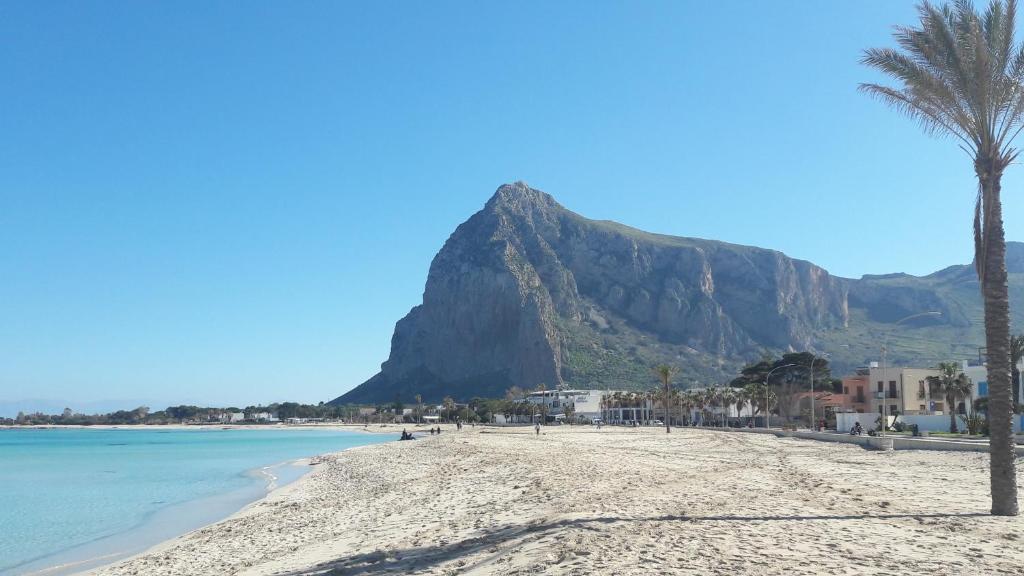 a beach with a palm tree and a mountain at Il Bambu' in San Vito lo Capo