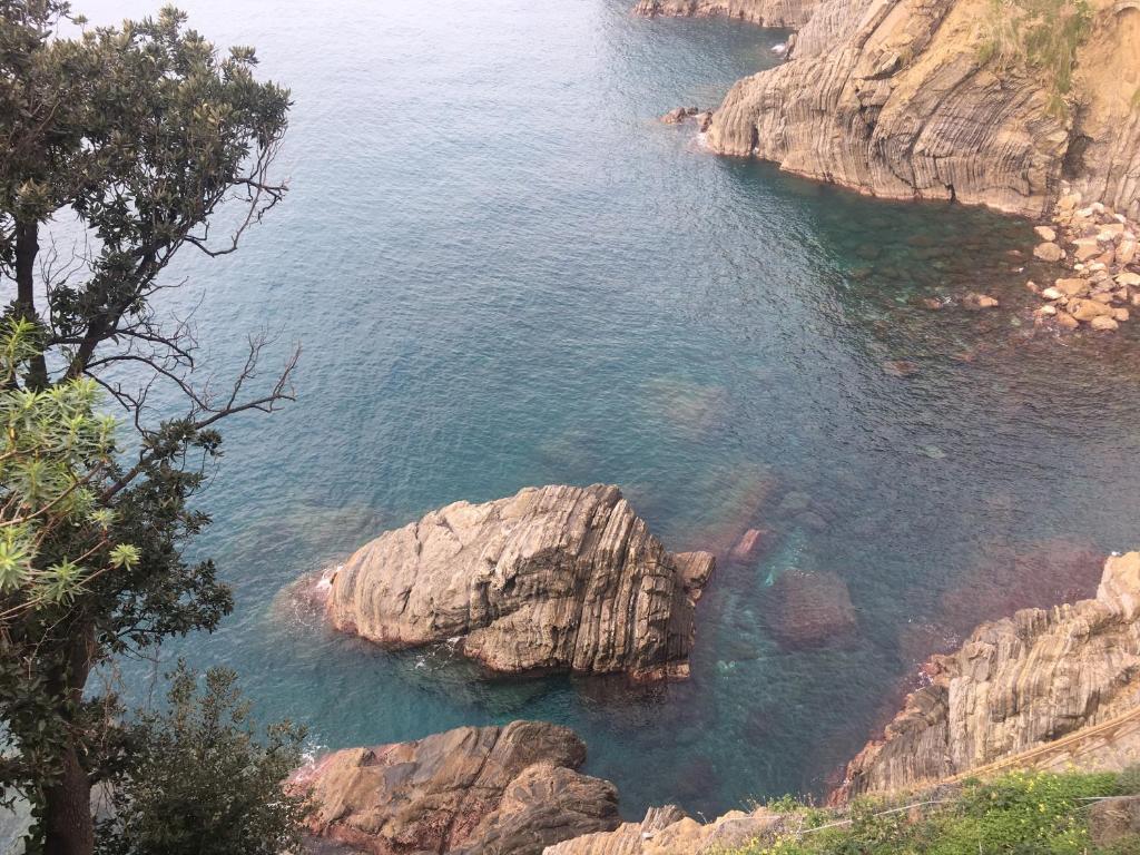 an aerial view of a body of water with rocks at Casa D'amore in Riomaggiore