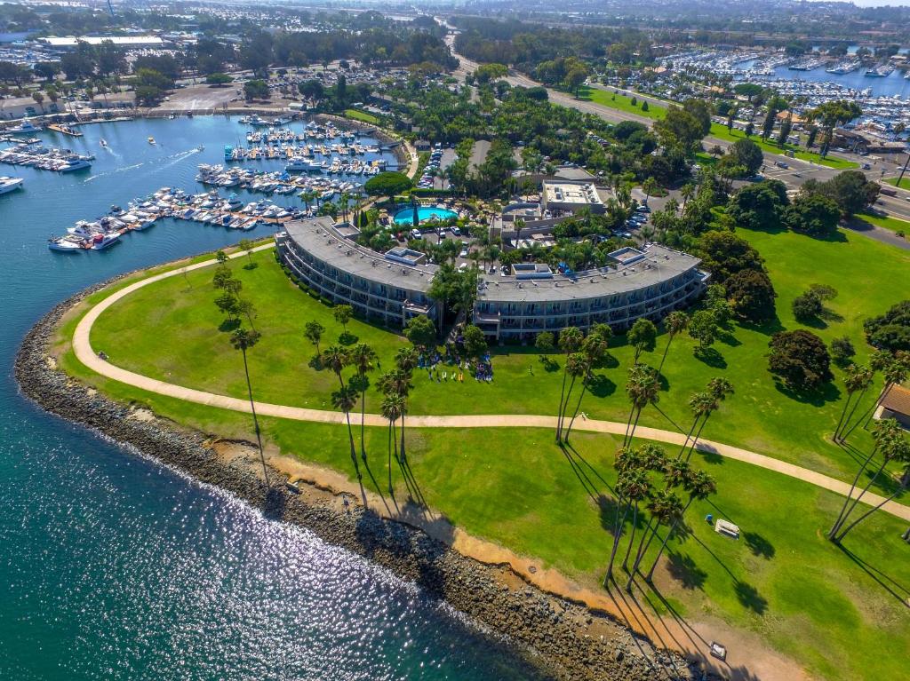 an aerial view of a marina with boats at The Dana on Mission Bay in San Diego