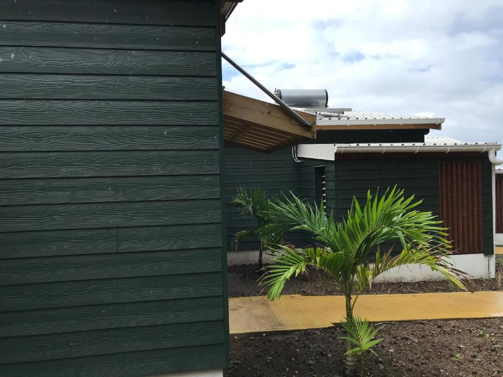 ein Haus mit grünem Nebengleis und eine Pflanze daneben in der Unterkunft Les Cabanes Perchées in Bouillante