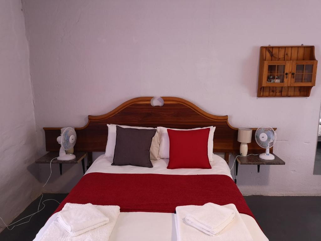 a bedroom with a bed with red and gray pillows at Kalamata in Beaufort West
