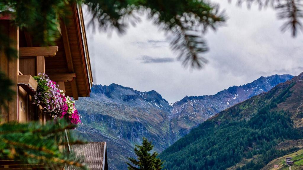 a view of the mountains from a house with flowers at Appartements Respiration Almhaus Pfister in Predoi