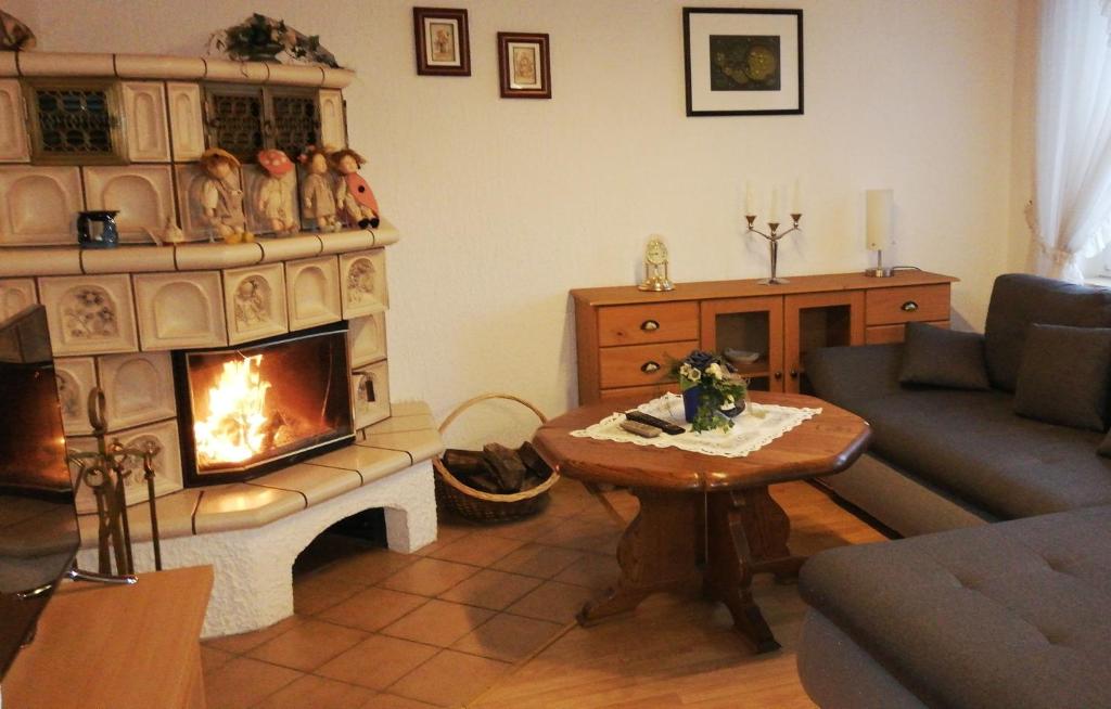 sala de estar con chimenea y sofá en Ferienwohnung Gladbeck-Rohde, en Gladbeck