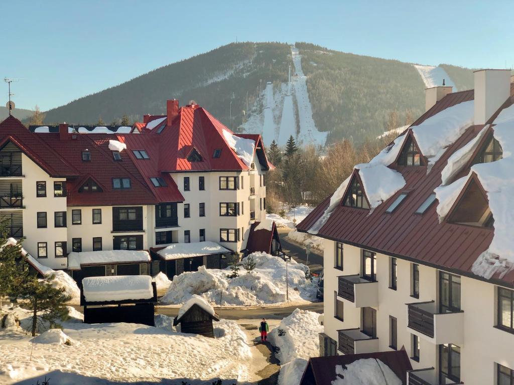 um grupo de edifícios na neve com uma montanha em Harrachov Lux em Harrachov