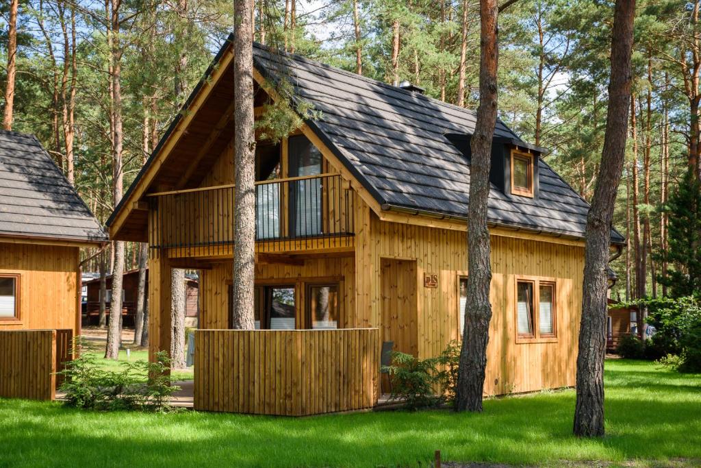 a log cabin in the woods with trees at Domki Largo nad Jeziorem Wdzydze in Borsk