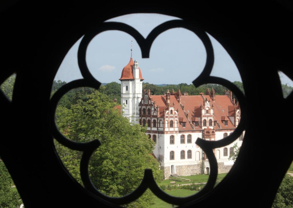 a view of a castle seen through a window at Historisches Gebäude " Rentmeisteramt" Basedow in Basedow