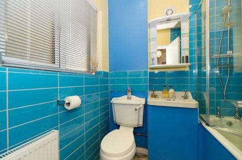 La salle de bains est pourvue de carrelage bleu, de toilettes et d'un lavabo. dans l'établissement TDM Bachelot Lettings Ltd, à Londres