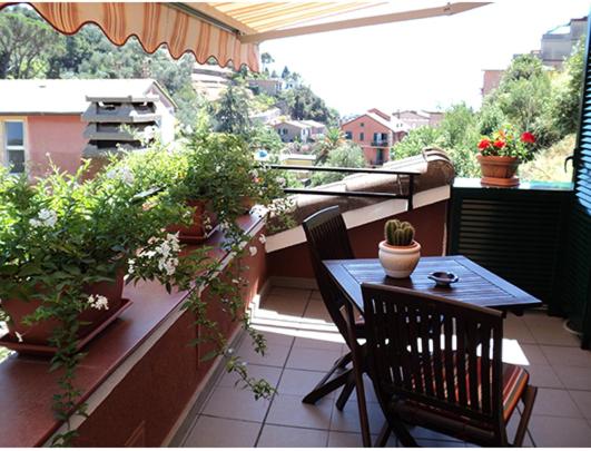 a balcony with a table and chairs and potted plants at Marvit Affittacamere in Monterosso al Mare