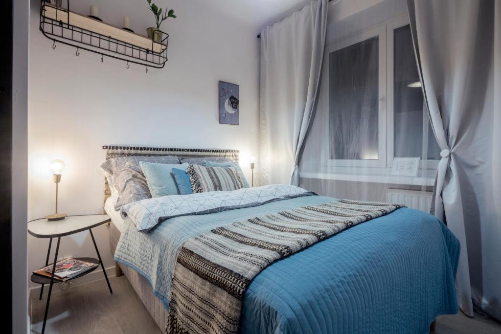 ワルシャワにあるVintage Apartmentのベッドルーム(青いベッド1台、窓付)