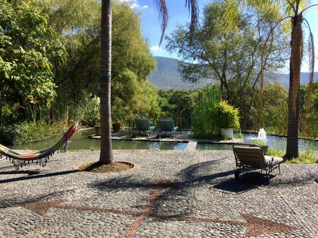 un patio con 2 hamacas y una piscina de agua en Los Naranjos Hotel Boutique, en Xalostoc