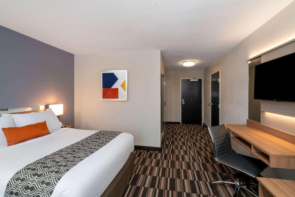 Una habitación de hotel con una cama grande y un televisor de pantalla plana. en Microtel Inn &amp; Suites by Wyndham Carlisle, en Carlisle