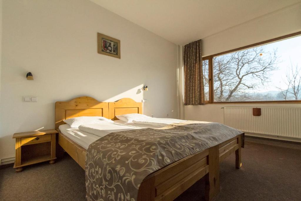 a bedroom with a bed and a large window at Pensiunea Aron 2 in Bran