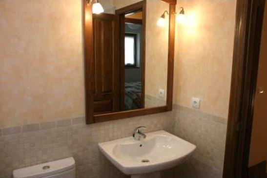 y baño con lavabo, espejo y aseo. en Casa Magdalena Autural, en Siresa