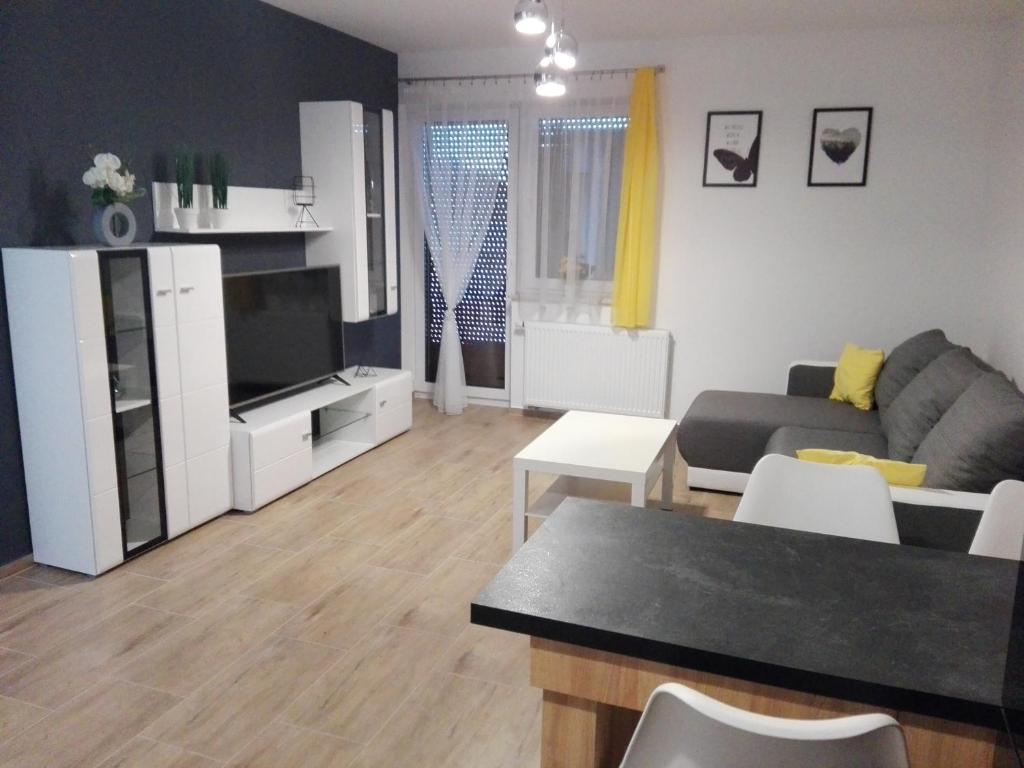 ein Wohnzimmer mit einem Sofa und einem Tisch in der Unterkunft Apartament Marzenie 5 - Opole in Oppeln