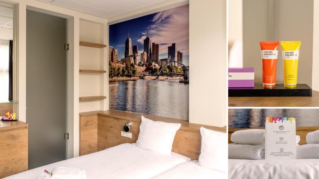 a hotel room with a view of the city at Citiez Hotel Amsterdam in Amsterdam