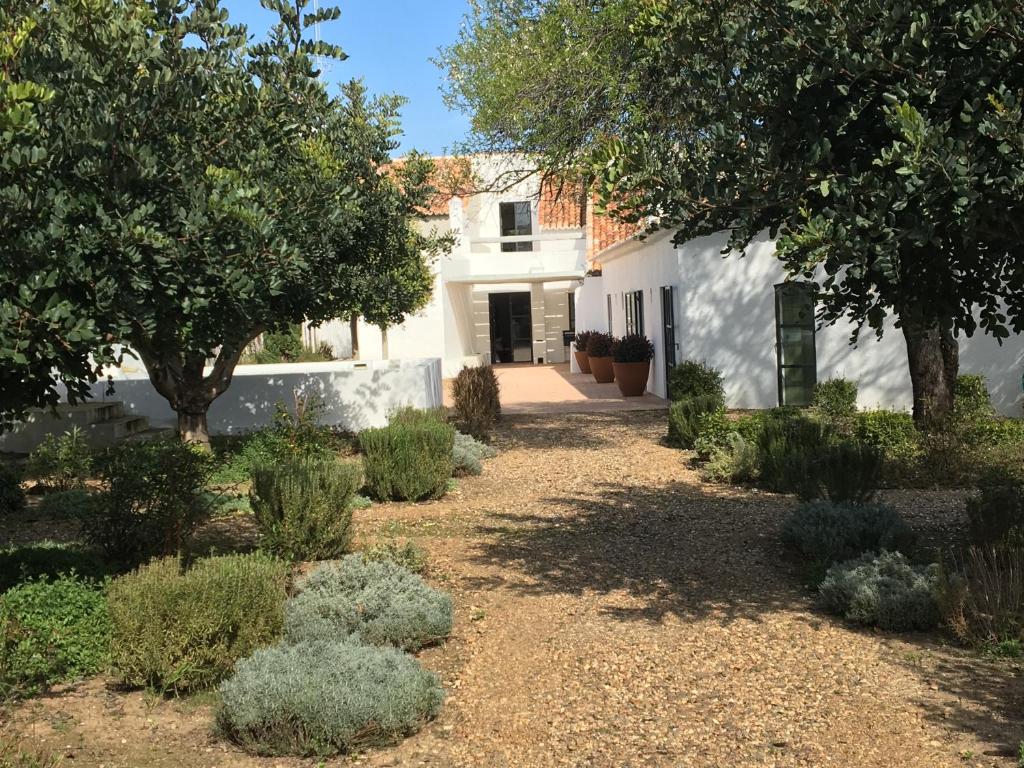 a garden with trees and bushes in front of a house at Casa do Xão in Serpa