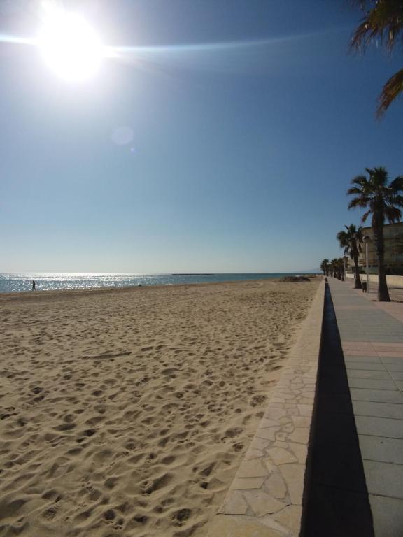 einen Weg am Strand mit Palmen in der Unterkunft Fantástico Apartamento 1ª Línea de Playa in Cambrils