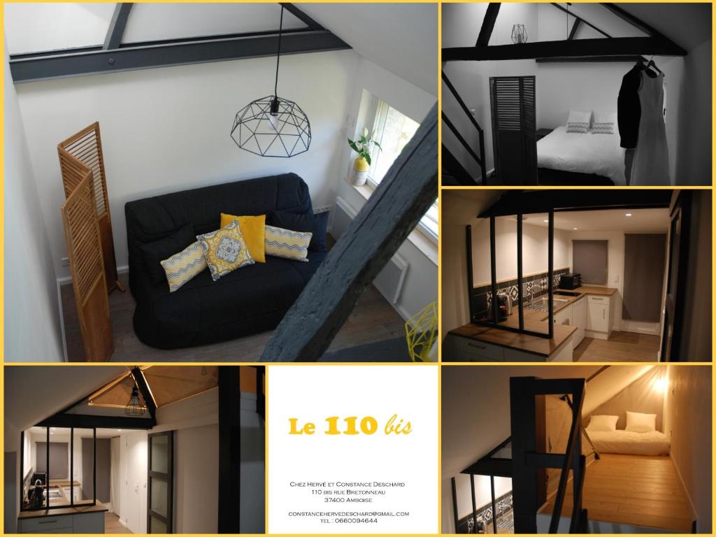 a collage of pictures of a room with a couch and a bedroom at Le 110 Bis in Amboise