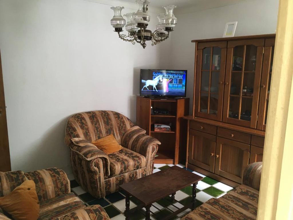 salon z krzesłem i telewizorem w obiekcie Apartamento Alcobaca w mieście Alcobaça
