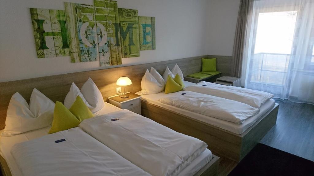 pokój hotelowy z 2 łóżkami i oknem w obiekcie Hotel Deutschherrenhof w Trewirze