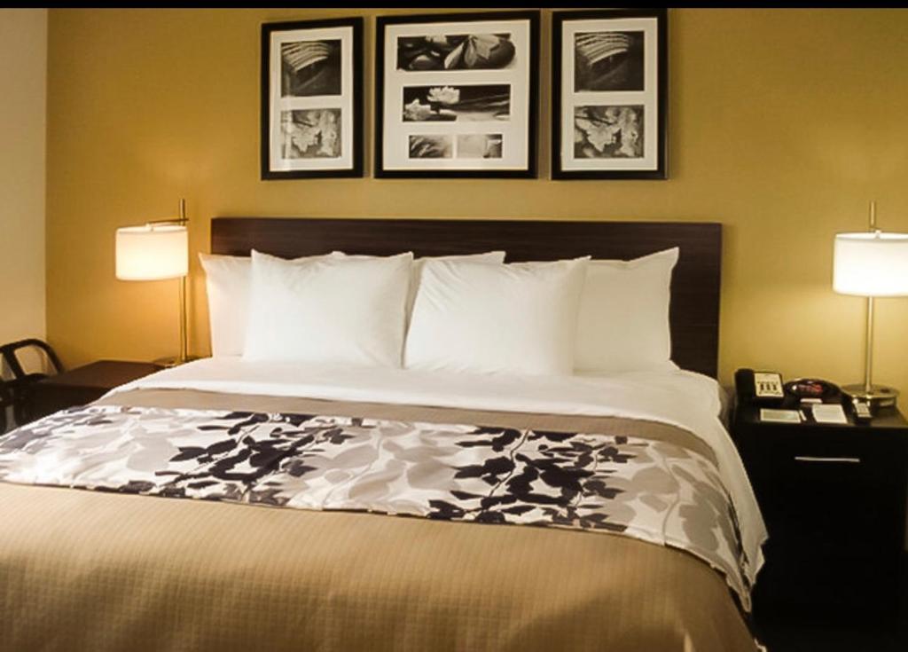 uma cama num quarto de hotel com duas lâmpadas em The Vue Inn Brooklyn em Brooklyn