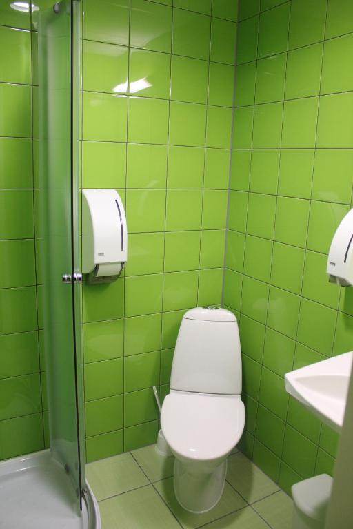 bagno verde con servizi igienici e lavandino di Tuhamäe Hostel a Kiviõli