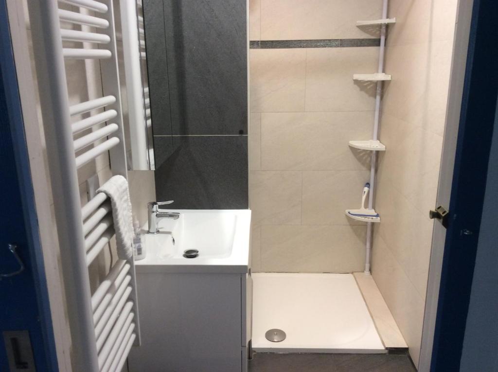 y baño pequeño con lavabo y ducha. en Appartement de vacances au 1er étage 45m2, en Antibes
