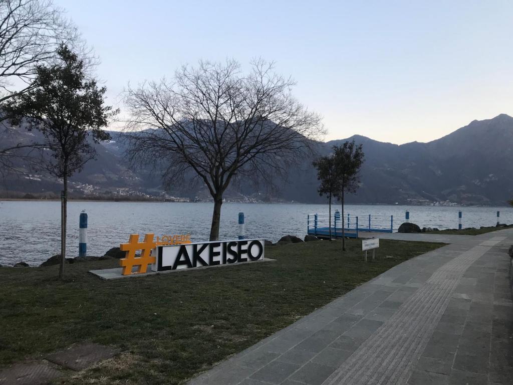 una panchina seduta sull'erba vicino a un lago di Casa Marconi a Lovere