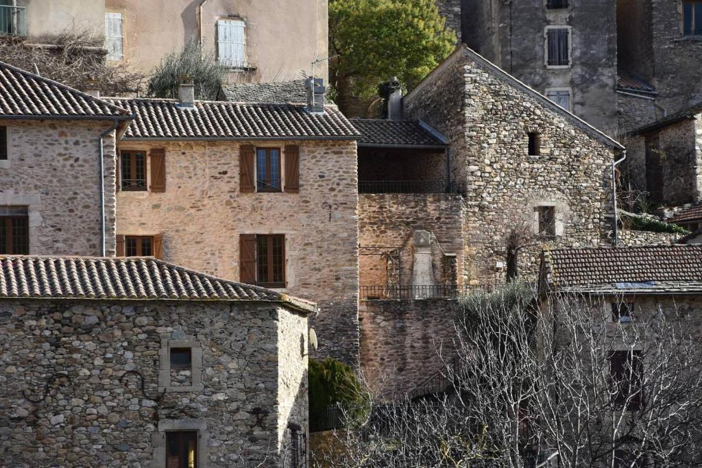 a group of old stone buildings with roofs at Le Diable par la queue in Olargues