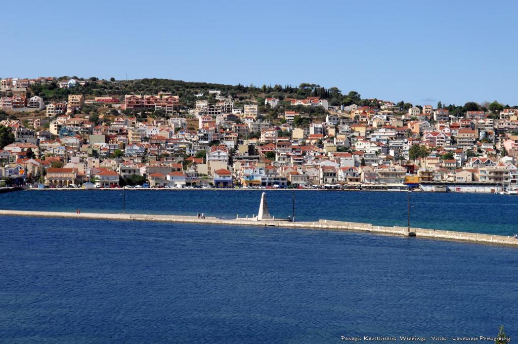 a large body of water with a city in the background at Elisso Apartment in Argostoli