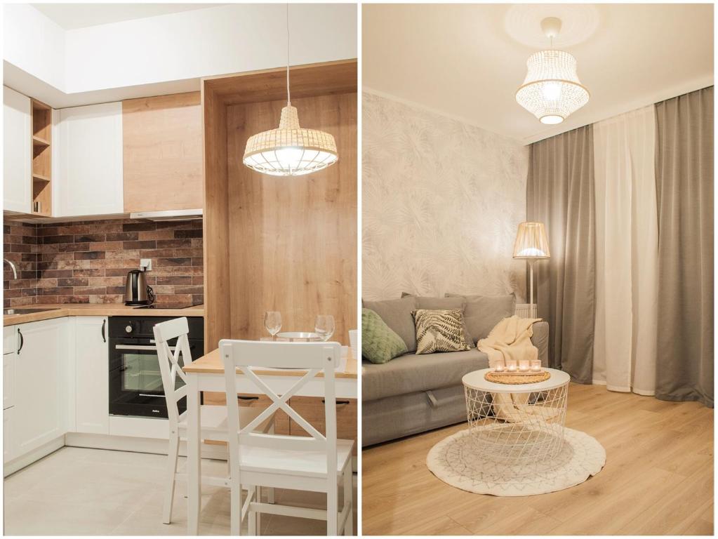 duas imagens de uma sala de estar e uma cozinha em Brown Sugar | free garage | 2 separate rooms na Cracóvia