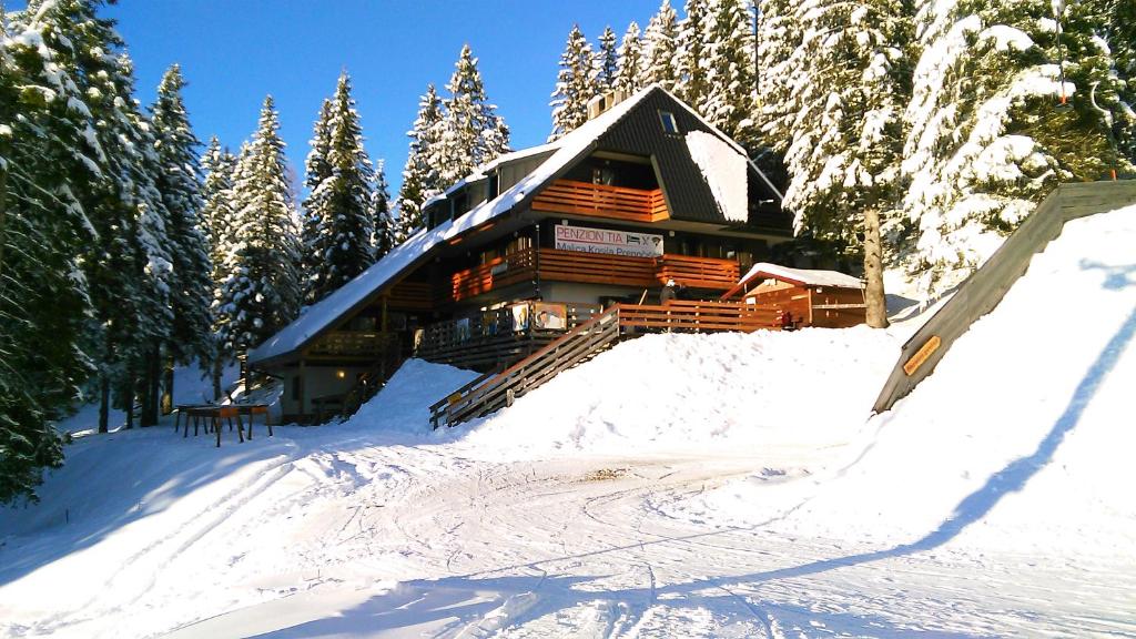 Cabaña de madera grande con árboles en la nieve en Accommodation and Restaurant Tia, en Cerklje na Gorenjskem