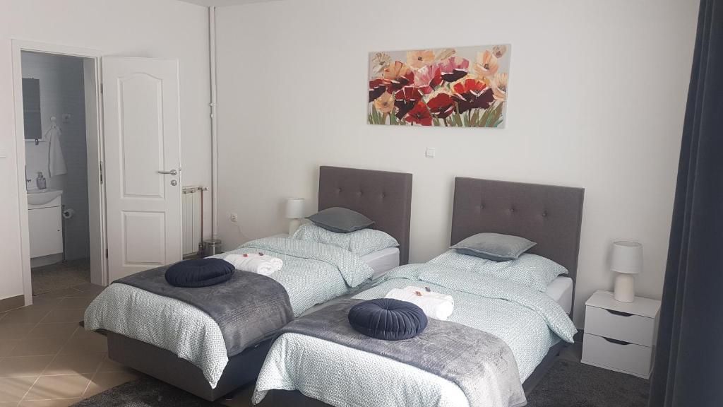 sypialnia z 2 łóżkami pojedynczymi i obrazem na ścianie w obiekcie Marko Airport Rooms w mieście Velika Gorica