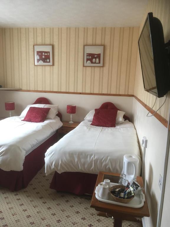 a hotel room with two beds and a tv at Lewinsdale Lodge in Weston-super-Mare
